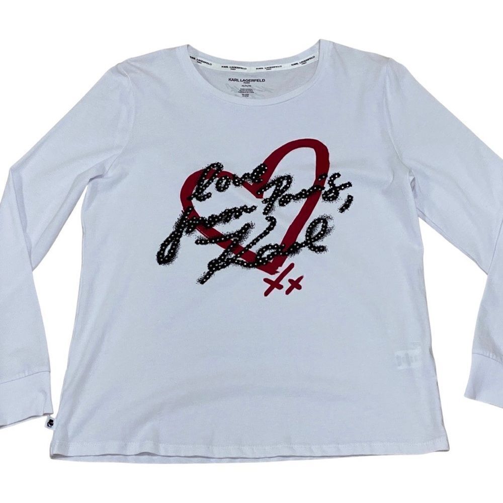 NEW Karl Lagerfeld Paris White Love From Paris Karl Long Sleeve T-Shirt Top Sz M